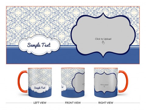 Flower Pattern Background With Dark Blue Border Design On Dual Tone Orange Mug