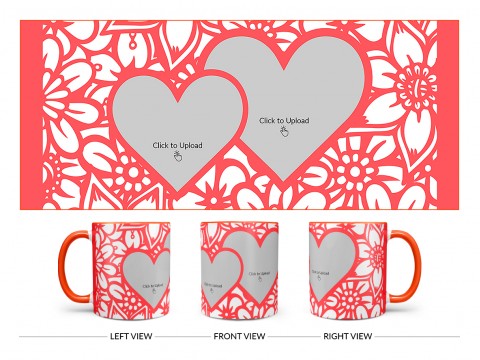 Flower Pattern Background With 2 Love Symbol Pic Upload Design On Dual Tone Orange Mug