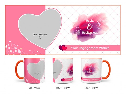 Bride & Bridegroom With Love Shape Pic Upload Design On Dual Tone Orange Mug