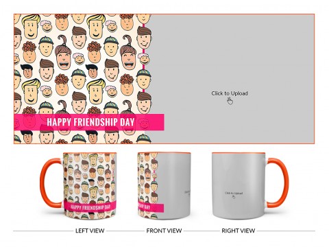 Happy Friendship Day With Friends Cartoon Heads Design On Dual Tone Orange Mug