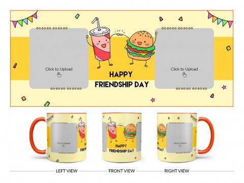 Happy Friendship Day Coke And Burger Design On Dual Tone Orange Mug