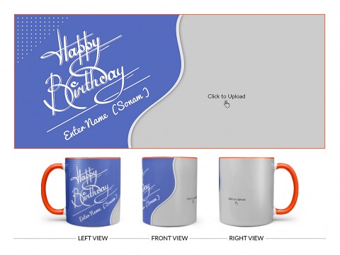 Blue Wave Design With Happy Birthday Text Design On Dual Tone Orange Mug