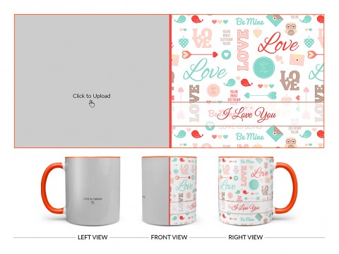 Love, You & Me, Birds Pattern Background Design On Dual Tone Orange Mug
