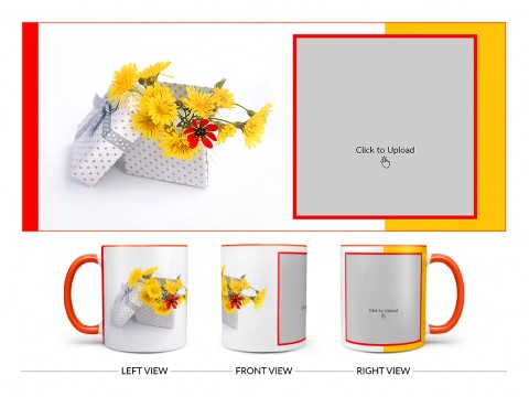 Yellow Color Flowers in Basket Design On Dual Tone Orange Mug