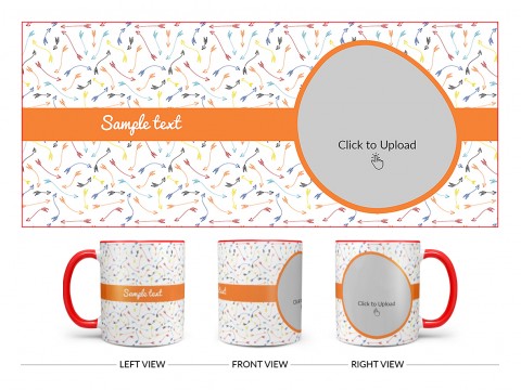 Multiple Arrows Pattern Background With Oval Shape Pic Upload Design On Dual Tone Red Mug