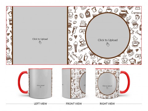Coffee Mugs, Ice Creams, Coffee Jug & Etc. Pattern Background Design On Dual Tone Red Mug