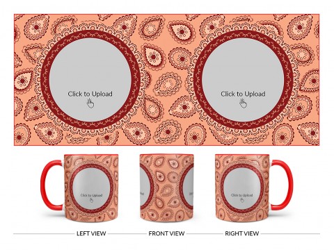 Pattern Background With Two Oval Shaped Pic Upload Design On Dual Tone Red Mug