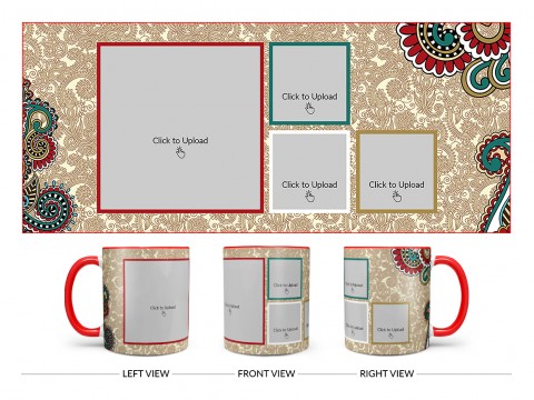 Traditional Background With 4 Pic Upload Design On Dual Tone Red Mug
