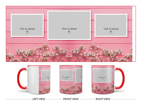 Wooden Wall With Small Flowers 3 Pic Upload Design On Dual Tone Red Mug