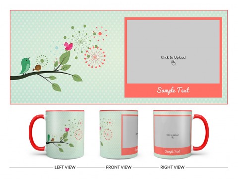Birds On Tree Branch With Light Green Love Symbols Background Design On Dual Tone Red Mug