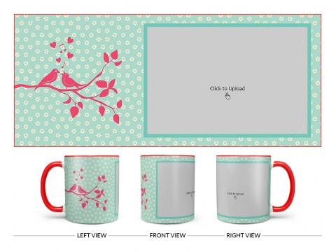Love Birds Singing On Tree Branch With Sunflower Pattern Background Design On Dual Tone Red Mug