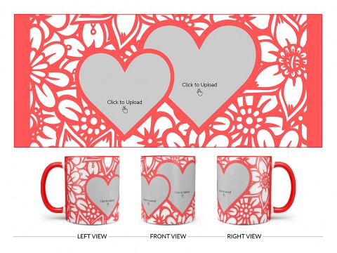 Flower Pattern Background With 2 Love Symbol Pic Upload Design On Dual Tone Red Mug