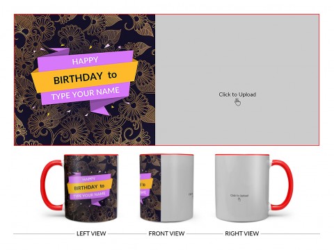 Happy Birthday With Gold Floral Background Design On Dual Tone Red Mug