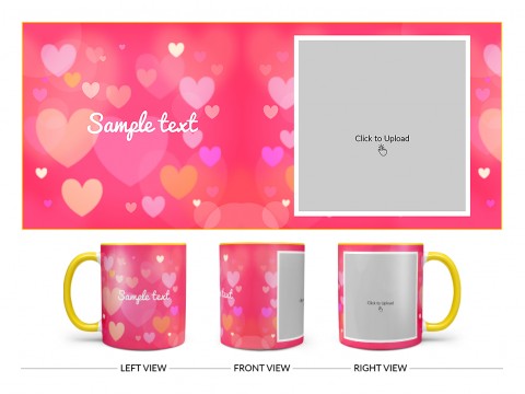 Heart Symbols With Dark Pink Background Design On Dual Tone Yellow Mug