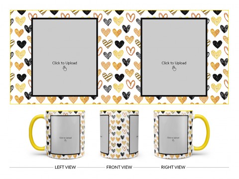 Love Symbols Pattern Background With Couple Of Pic Upload Upload Design On Dual Tone Yellow Mug