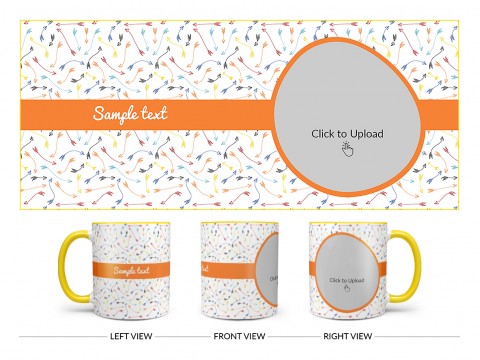 Multiple Arrows Pattern Background With Oval Shape Pic Upload Design On Dual Tone Yellow Mug