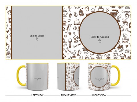 Coffee Mugs, Ice Creams, Coffee Jug & Etc. Pattern Background Design On Dual Tone Yellow Mug