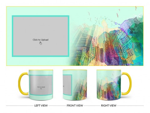 Artistic Building Painting Background Design On Dual Tone Yellow Mug
