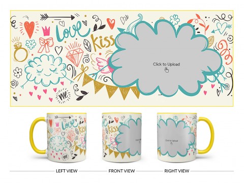 Love, Ring, Kiss, Me & Etc. Pattern Background With Flower Shape Pic Upload Design On Dual Tone Yellow Mug