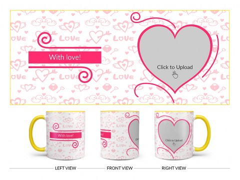 Love Pattern Background With Pink Heart Design On Dual Tone Yellow Mug