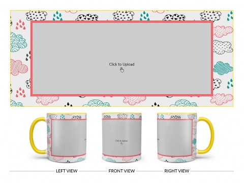 Clouds And Rain Drops Background With Large Single Pic Upload Design On Dual Tone Yellow Mug