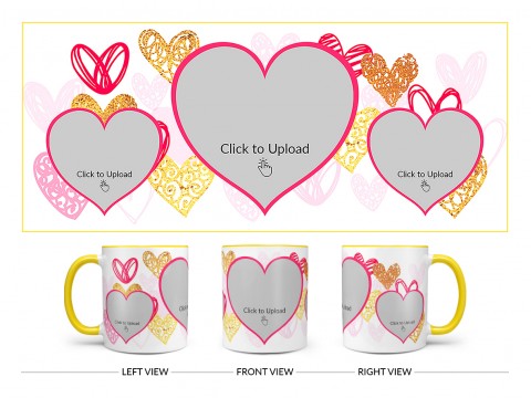 3 Heart Symbols Pic Upload With Golden Love Symbols Background Design On Dual Tone Yellow Mug