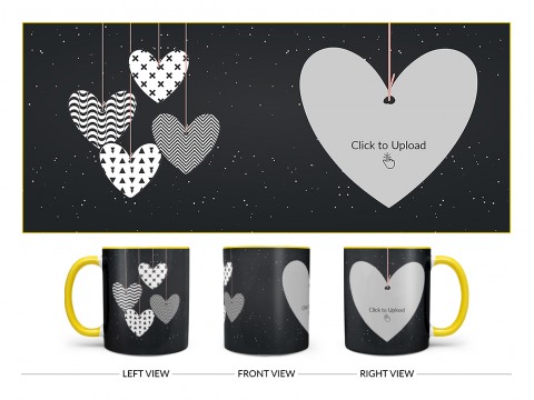 Heart Symbols Hanging In The Sky With Stars Background Design On Dual Tone Yellow Mug