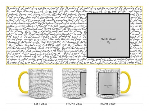 Cursive Writing Background With Square Pic Upload Design On Dual Tone Yellow Mug
