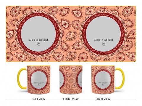 Pattern Background With Two Oval Shaped Pic Upload Design On Dual Tone Yellow Mug