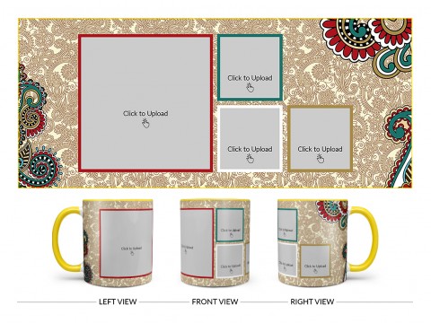 Traditional Background With 4 Pic Upload Design On Dual Tone Yellow Mug