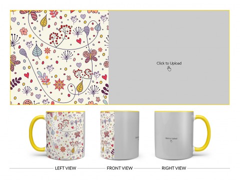 Multiple Trees, Flower & Butterfly’s Pattern Background Design On Dual Tone Yellow Mug
