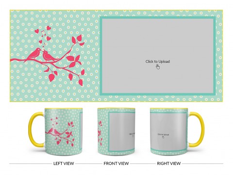 Love Birds Singing On Tree Branch With Sunflower Pattern Background Design On Dual Tone Yellow Mug