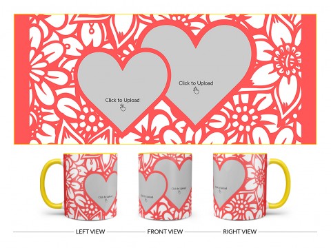 Flower Pattern Background With 2 Love Symbol Pic Upload Design On Dual Tone Yellow Mug