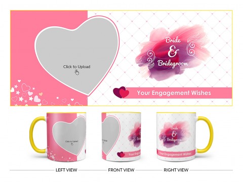 Bride & Bridegroom With Love Shape Pic Upload Design On Dual Tone Yellow Mug