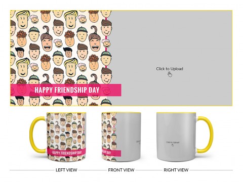 Happy Friendship Day With Friends Cartoon Heads Design On Dual Tone Yellow Mug
