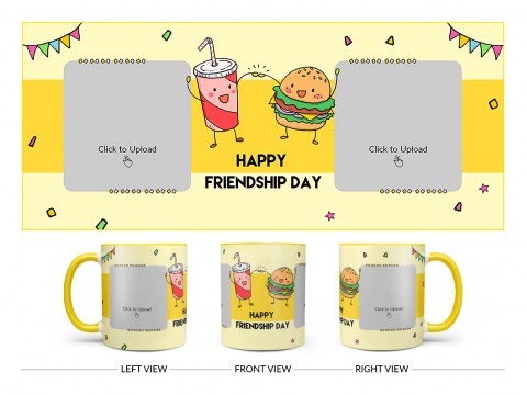 Happy Friendship Day Coke And Burger Design On Dual Tone Yellow Mug
