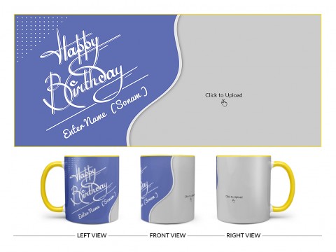 Blue Wave Design With Happy Birthday Text Design On Dual Tone Yellow Mug
