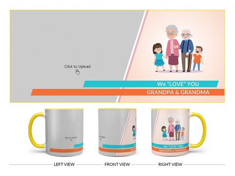 Grand Parents With Grand Children’s Design On Dual Tone Yellow Mug