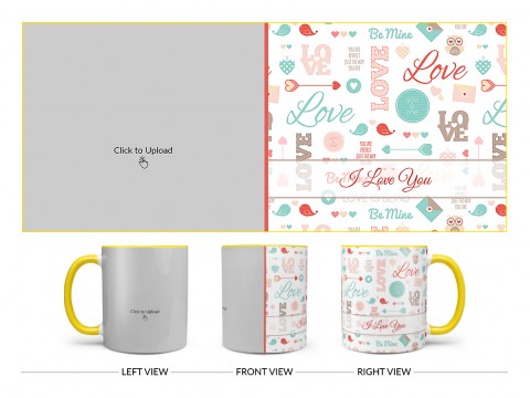 Love, You & Me, Birds Pattern Background Design On Dual Tone Yellow Mug