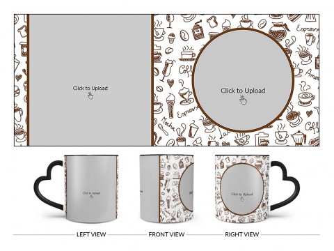 Coffee Mugs, Ice Creams, Coffee Jug & Etc. Pattern Background Design On Love Handle Dual Tone Black Mug