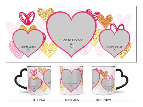 3 Heart Symbols Pic Upload With Golden Love Symbols Background Design On Love Handle Dual Tone Black Mug