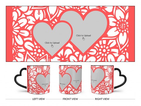 Flower Pattern Background With 2 Love Symbol Pic Upload Design On Love Handle Dual Tone Black Mug