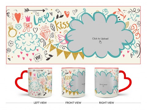 Love, Ring, Kiss, Me & Etc. Pattern Background With Flower Shape Pic Upload Design On Love Handle Dual Tone Red Mug