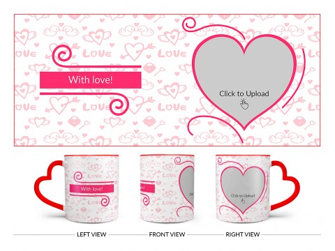 Love Pattern Background With Pink Heart Design On Love Handle Dual Tone Red Mug