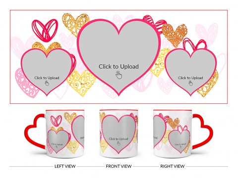 3 Heart Symbols Pic Upload With Golden Love Symbols Background Design On Love Handle Dual Tone Red Mug