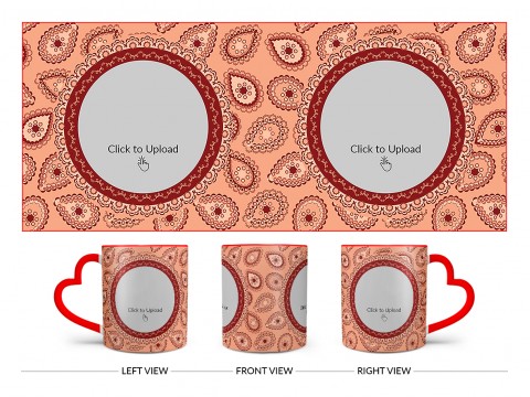Pattern Background With Two Oval Shaped Pic Upload Design On Love Handle Dual Tone Red Mug
