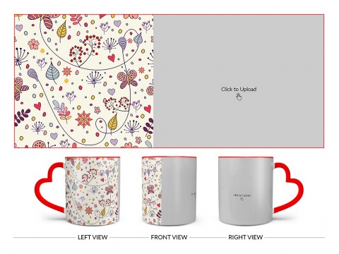 Multiple Trees, Flower & Butterfly’s Pattern Background Design On Love Handle Dual Tone Red Mug