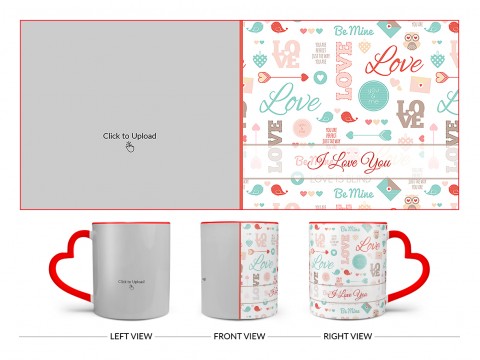 Love, You & Me, Birds Pattern Background Design On Love Handle Dual Tone Red Mug