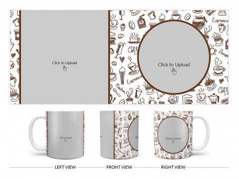 Coffee Mugs, Ice Creams, Coffee Jug & Etc. Pattern Background Design On Plain white Mug