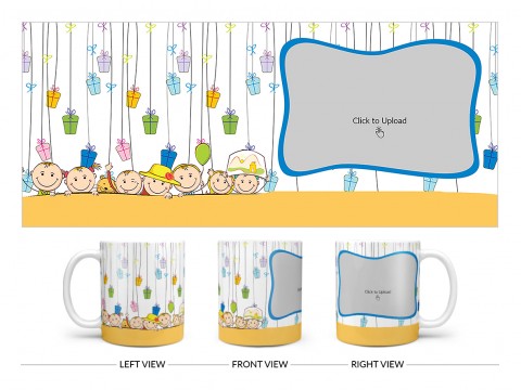 Multiple Kids Behind The Wall And Gifts Pattern Background Design On Plain white Mug